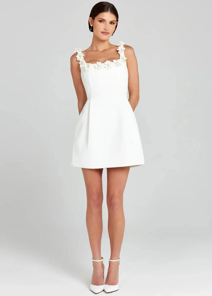 Women's Party Mini Dress with Floral Appliqué Straps and A Line Skirt