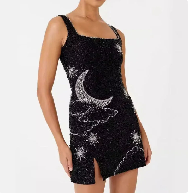 Women's Evening Mini Dress with Glitter Detail and Wide Straps