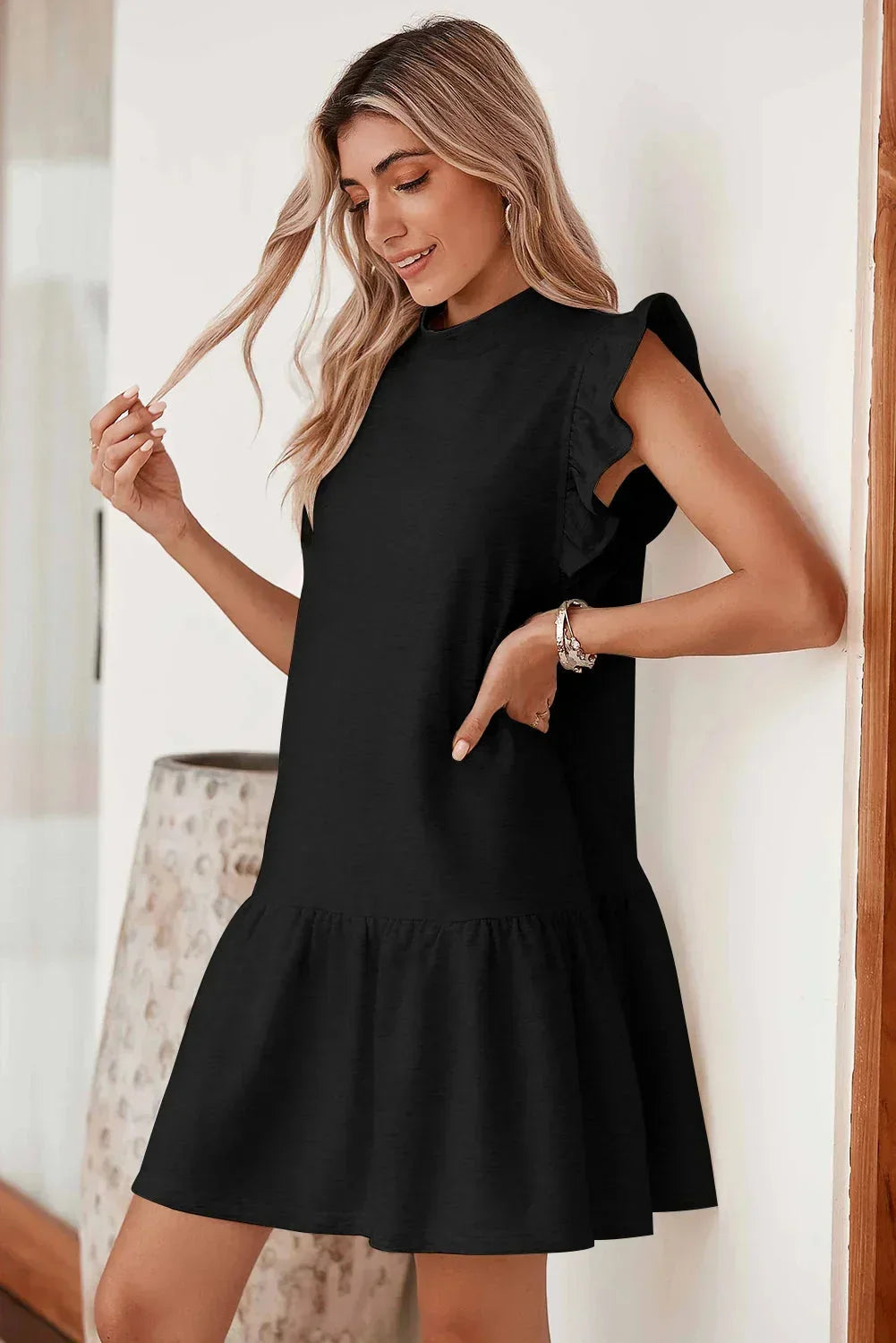 Women's Mini Dress with High Neck and Ruffle Sleeves