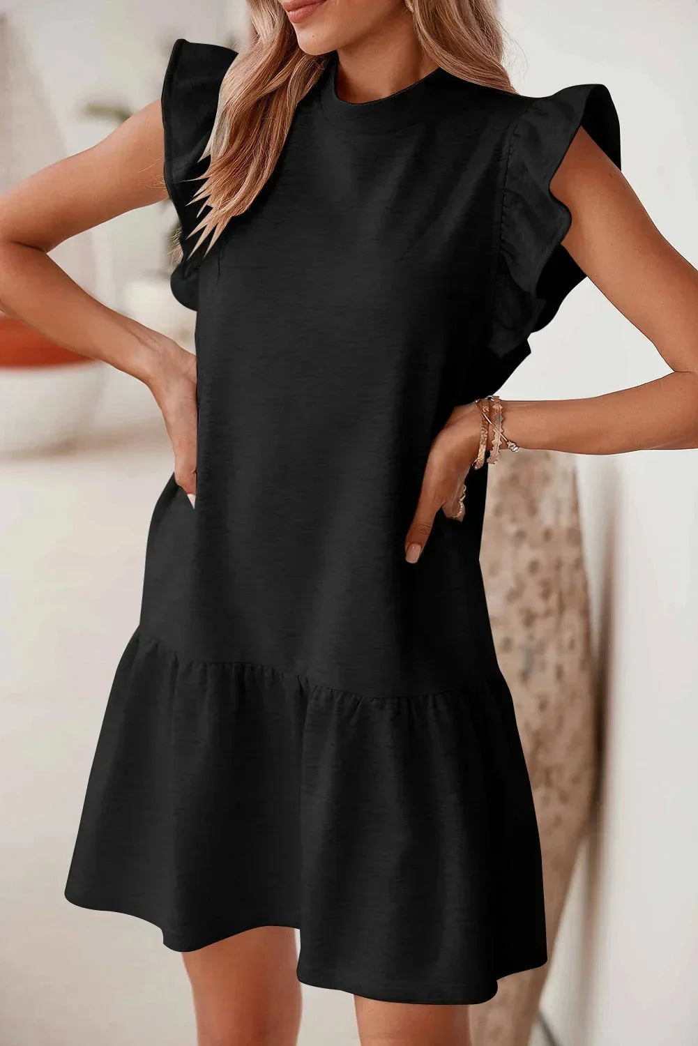 Women's Mini Dress with High Neck and Ruffle Sleeves