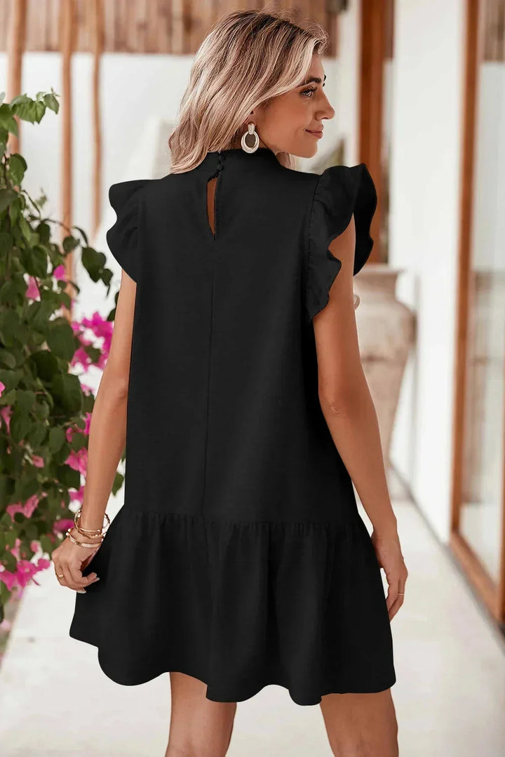 Women's Mini Dress with High Neck and Ruffle Sleeves