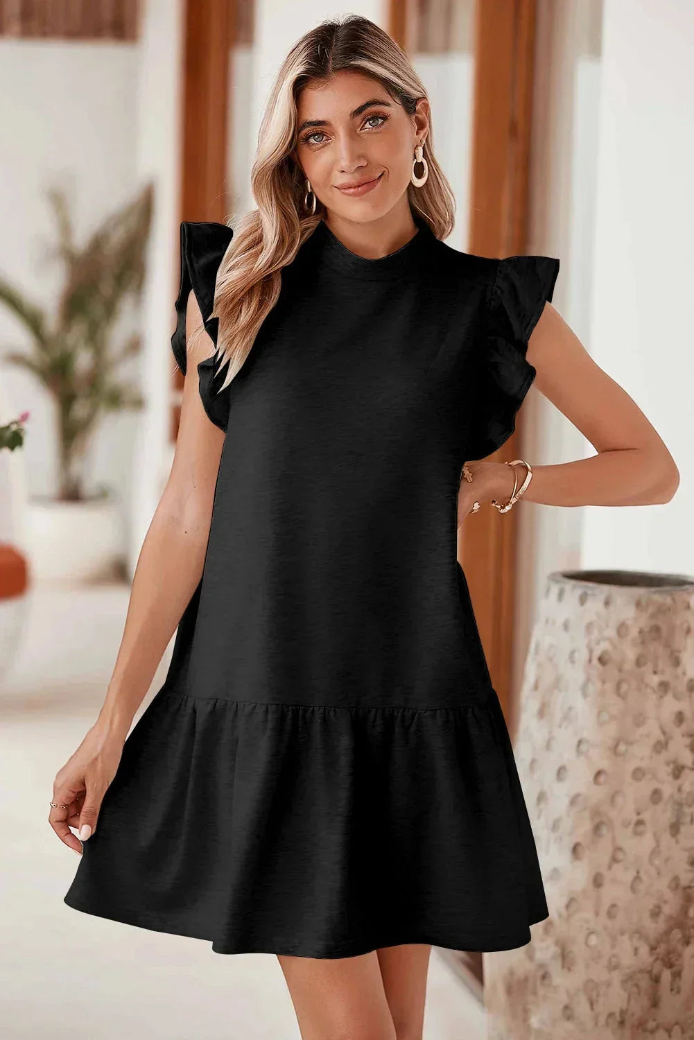 Women's Mini Dress with High Neck and Ruffle Sleeves