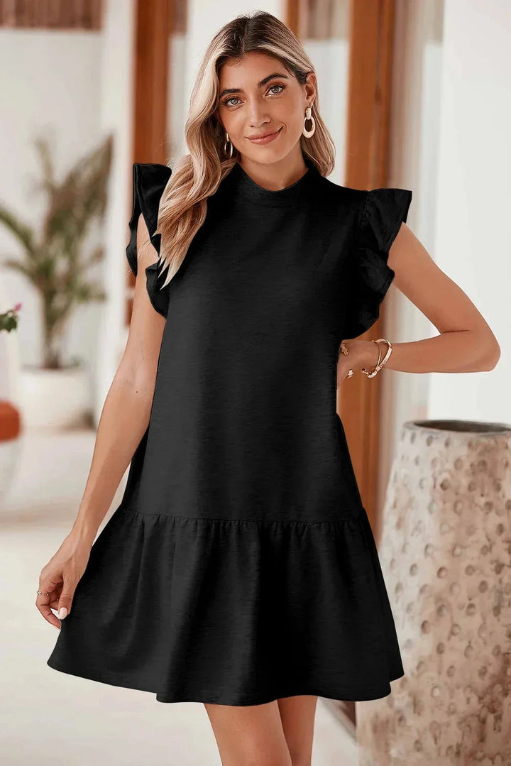 Women's Mini Dress with High Neck and Ruffle Sleeves