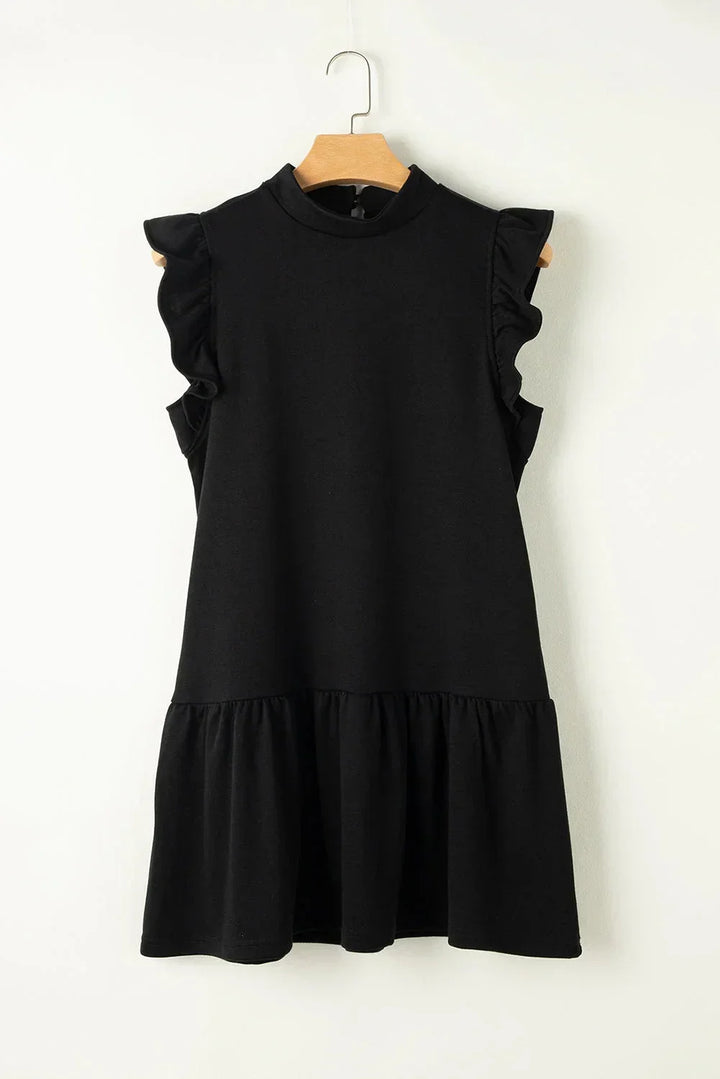 Women's Mini Dress with High Neck and Ruffle Sleeves