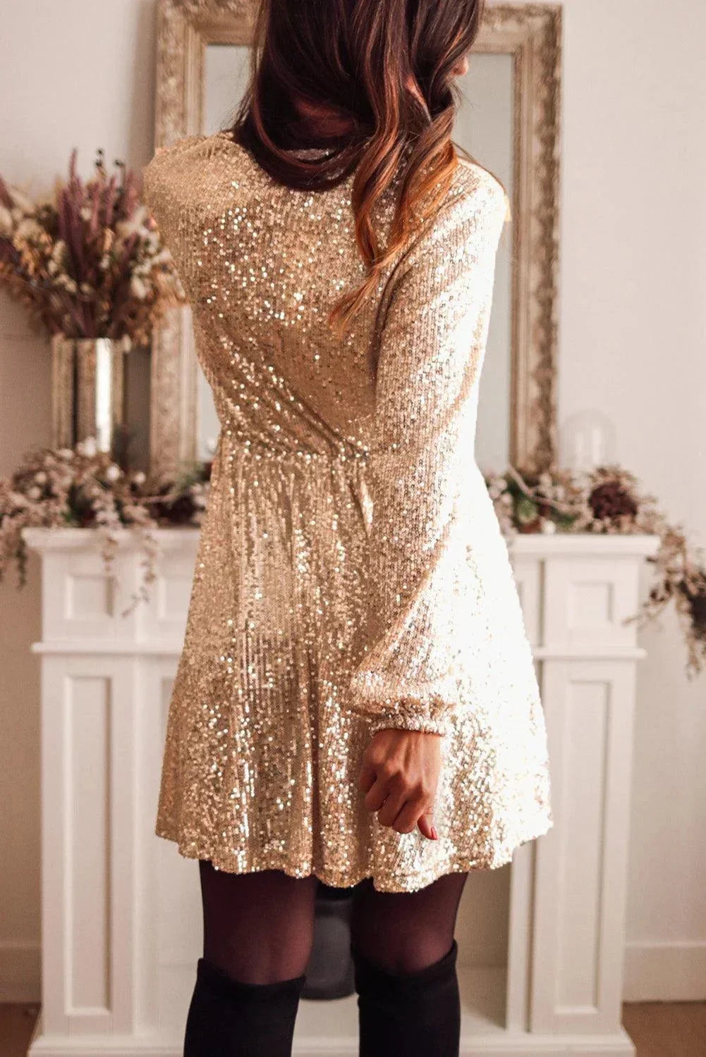 Women's Party Mini Dress with Plunge Neckline and Sequin Detail