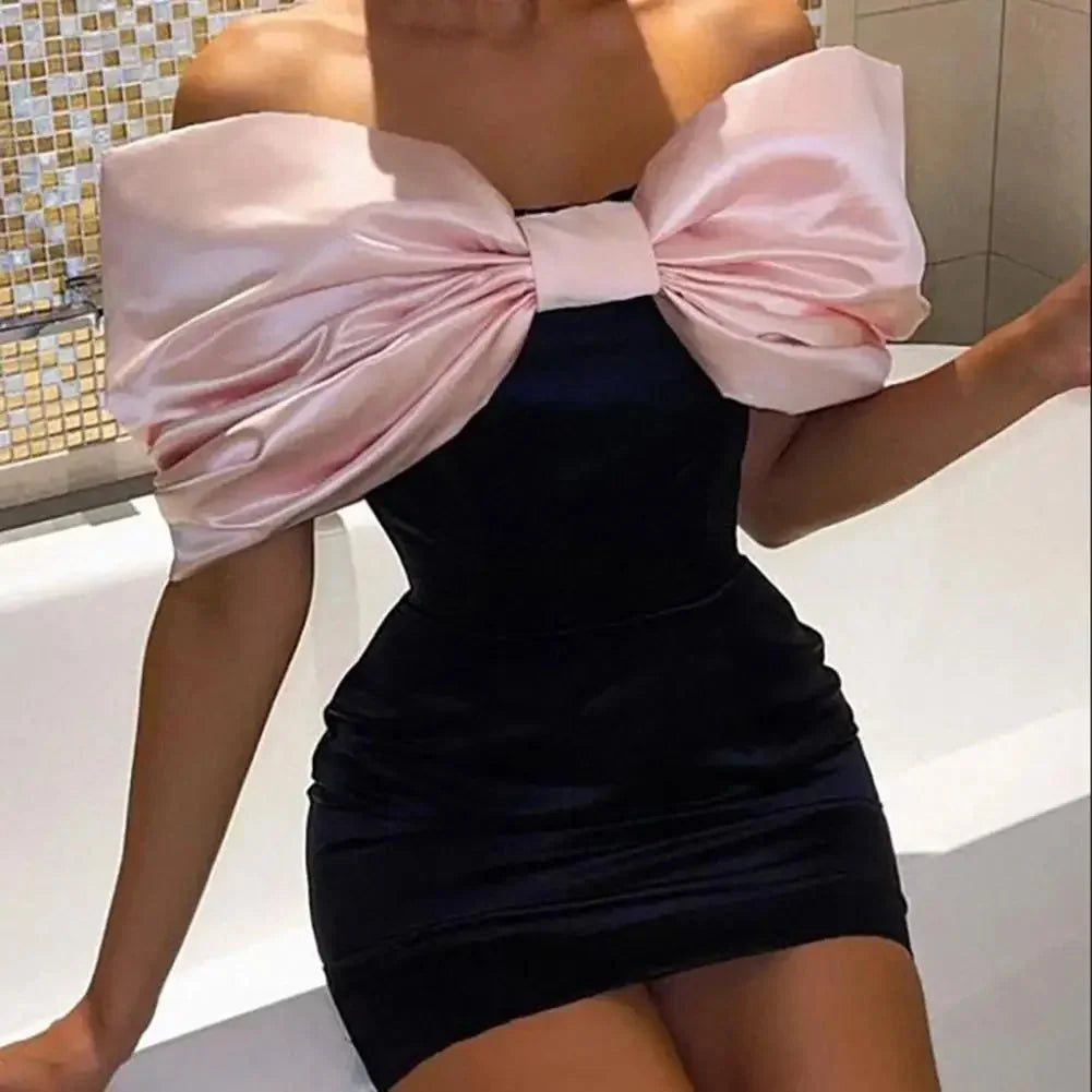 Women's Party Mini Dress with Bardot Neckline and Contrast Bow Detail