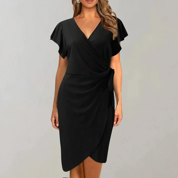 Women's Occasion Wrap Midi Dress with V Neck and Tie Waist