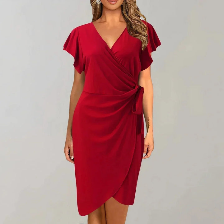 Women's Occasion Wrap Midi Dress with V Neck and Tie Waist