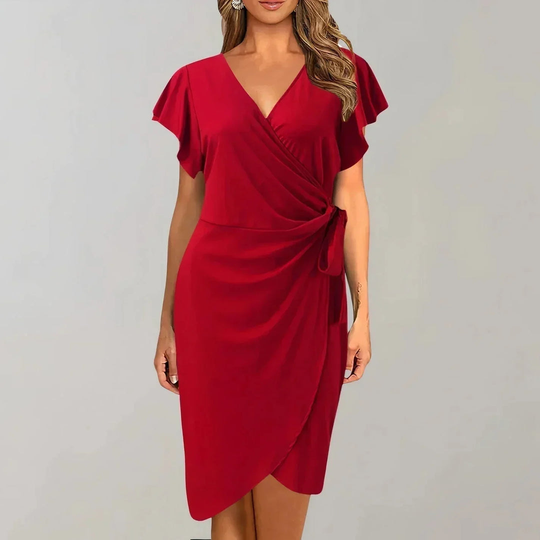 Women's Occasion Wrap Midi Dress with V Neck and Tie Waist