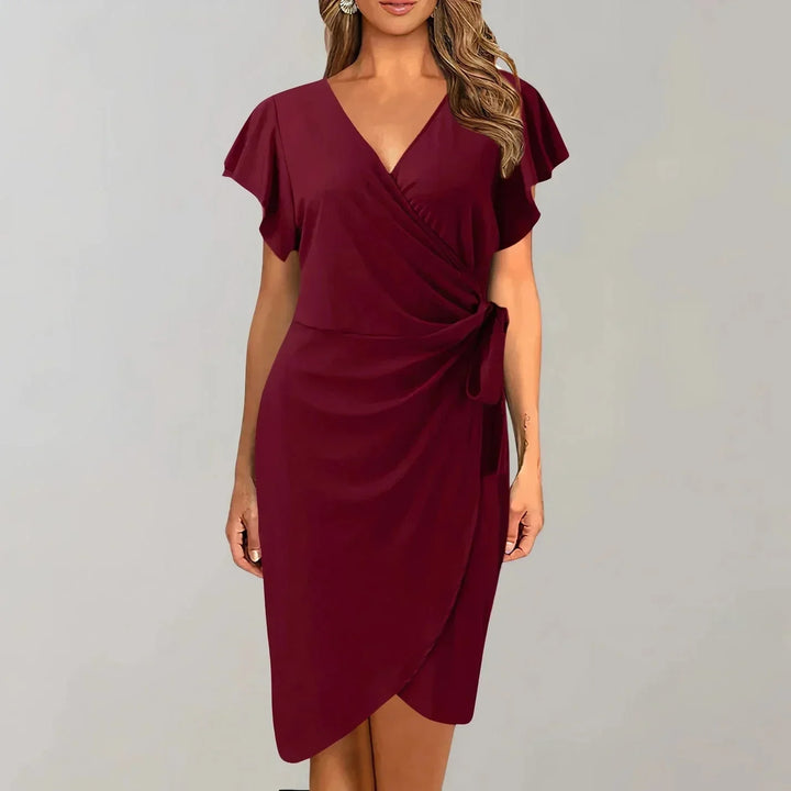 Women's Occasion Wrap Midi Dress with V Neck and Tie Waist