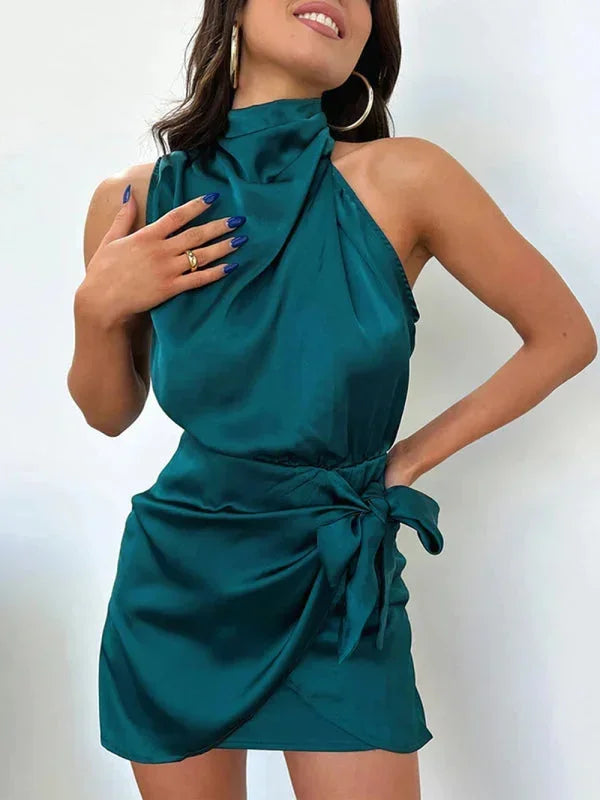 Women's Party Mini Dress with High Neck and Draped Detail