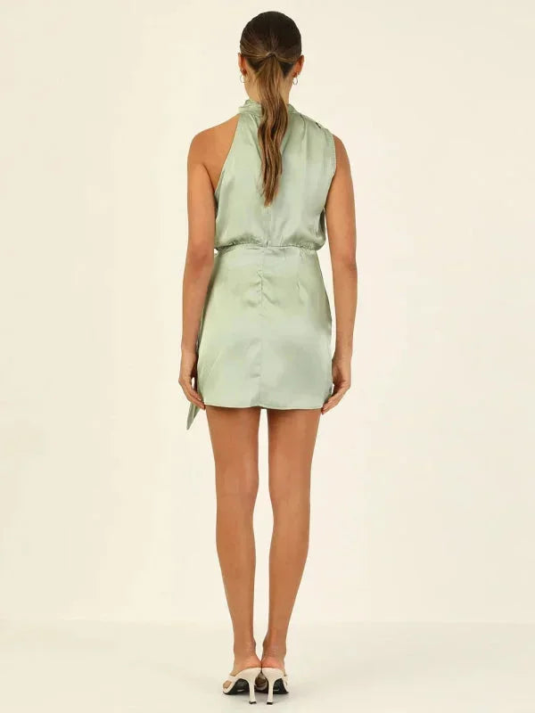 Women's Party Mini Dress with High Neck and Draped Detail
