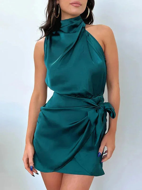 Women's Party Mini Dress with High Neck and Draped Detail