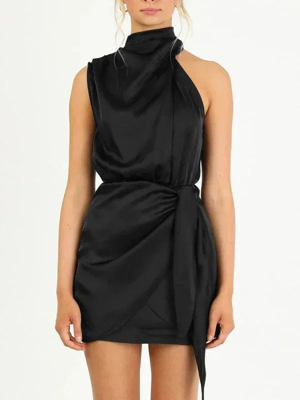 Women's Party Mini Dress with High Neck and Draped Detail