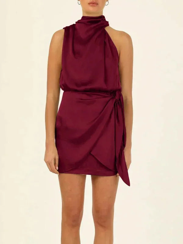 Women's Party Mini Dress with High Neck and Draped Detail