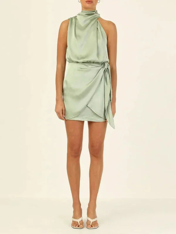 Women's Party Mini Dress with High Neck and Draped Detail