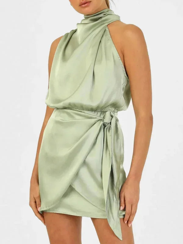 Women's Party Mini Dress with High Neck and Draped Detail