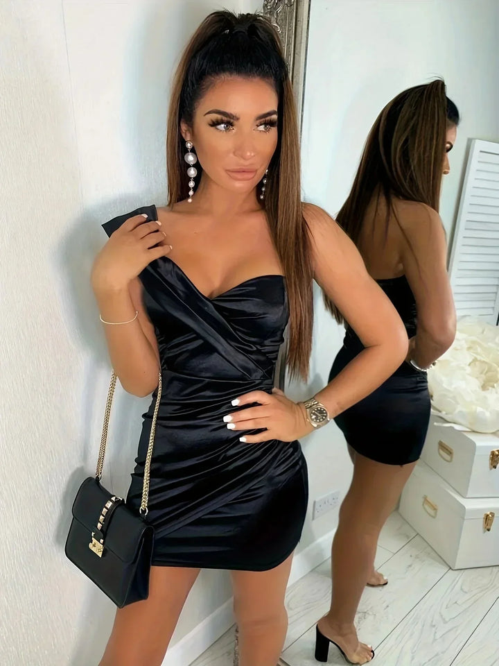 Women's Party Mini Dress with One Shoulder Neckline and Satin Finish