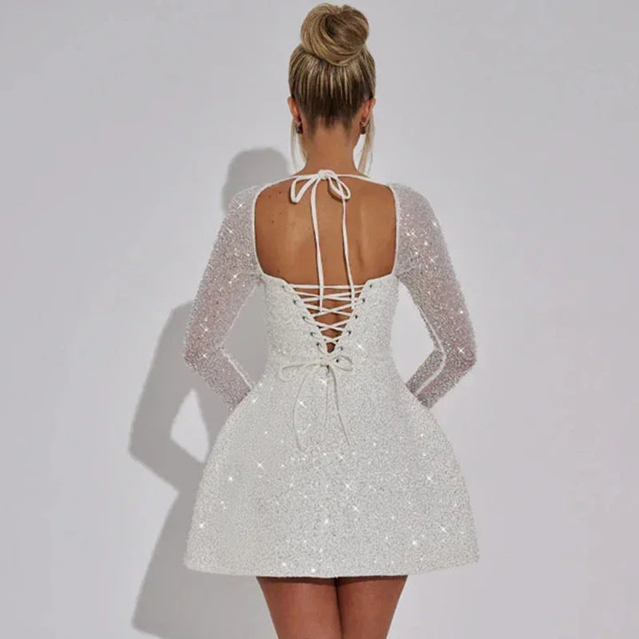 Women's Evening Mini Dress with Square Neckline and Long Sleeves