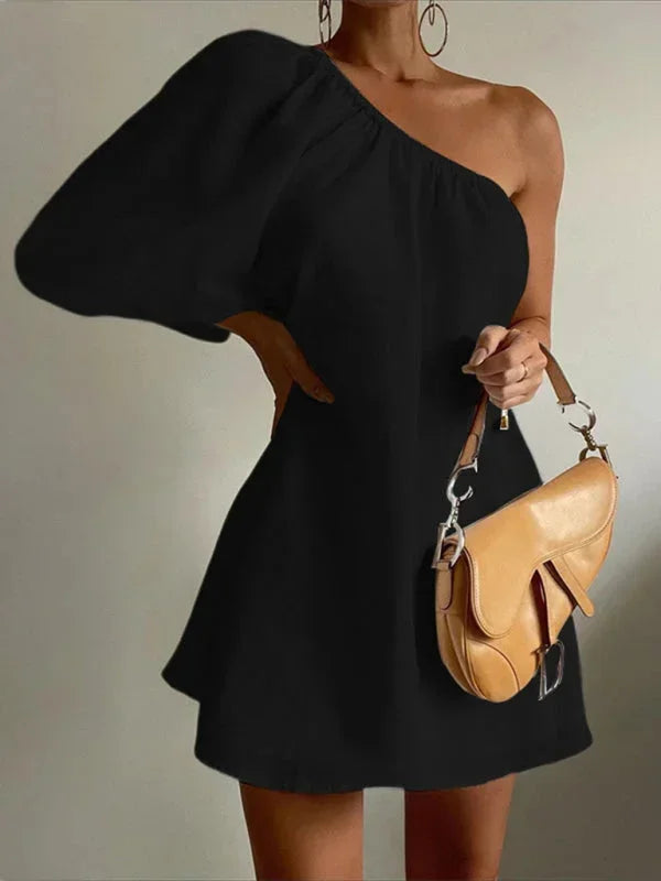 Women's Party Mini Dress with One Shoulder and Puff Sleeve