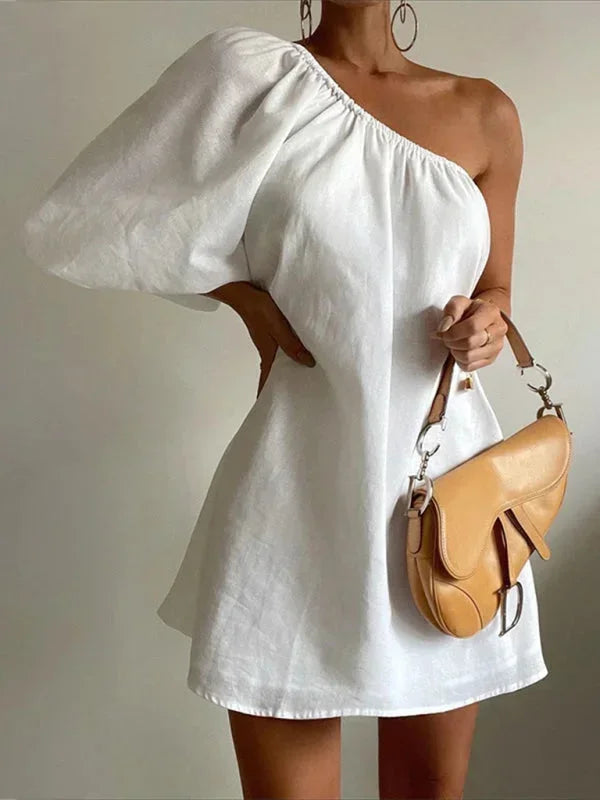 Women's Party Mini Dress with One Shoulder and Puff Sleeve