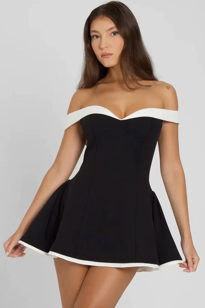 Women's Party Mini Dress with Bardot Neckline and Contrast Trim