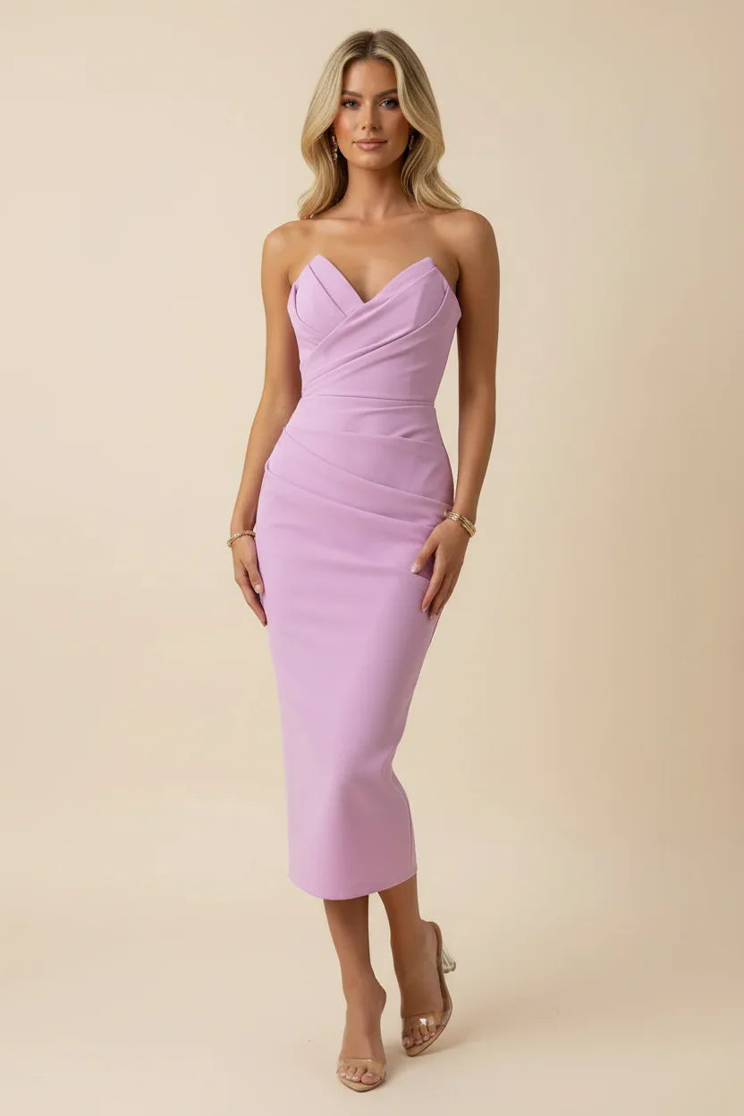 Women's Evening Midi Dress with Sweetheart Neckline and Ruched Detail
