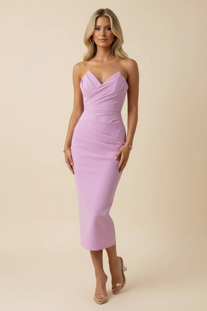 Women's Evening Midi Dress with Sweetheart Neckline and Ruched Detail