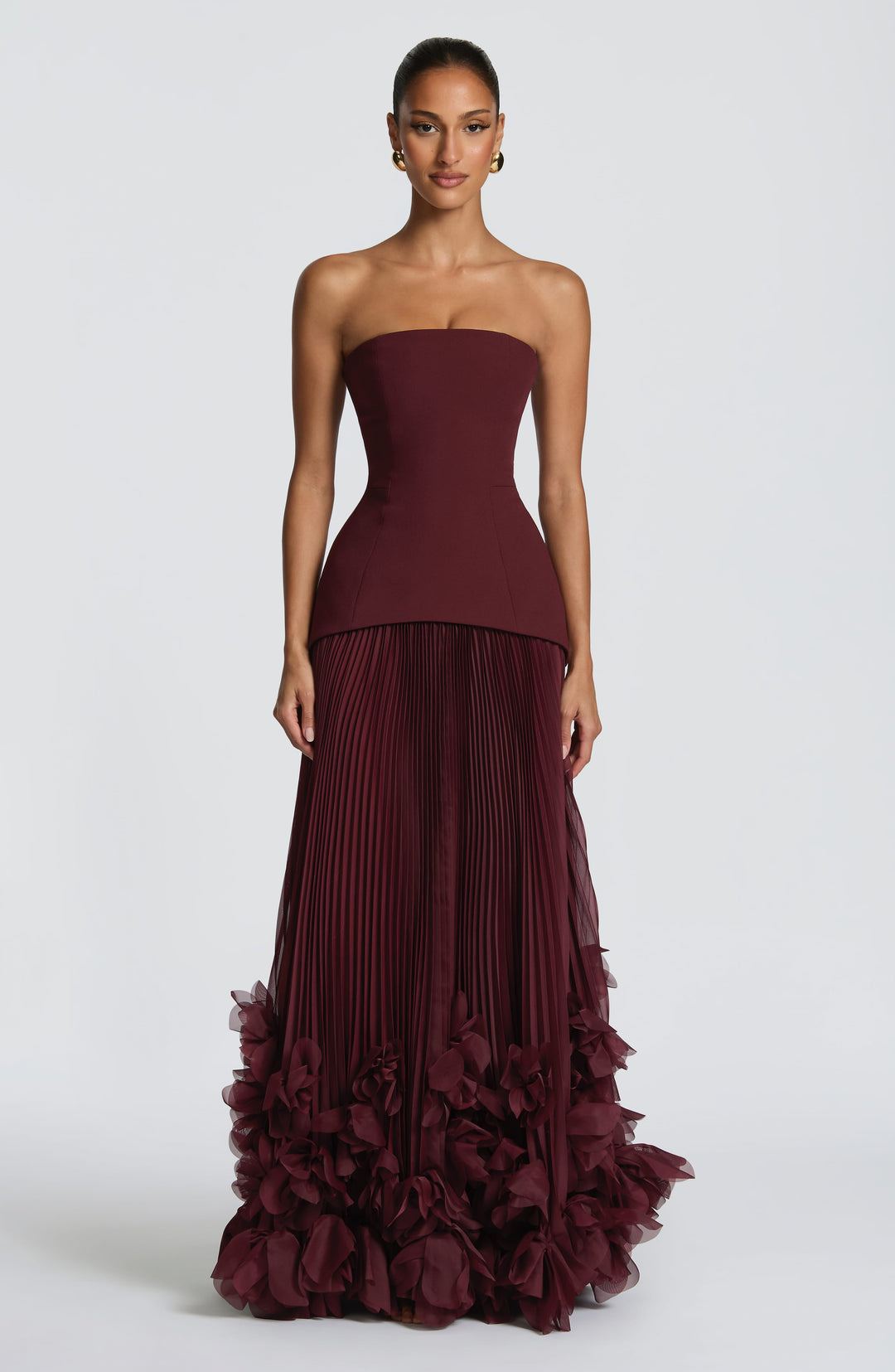 Women's Evening Maxi Dress with Strapless Neckline and Ruffle Hem