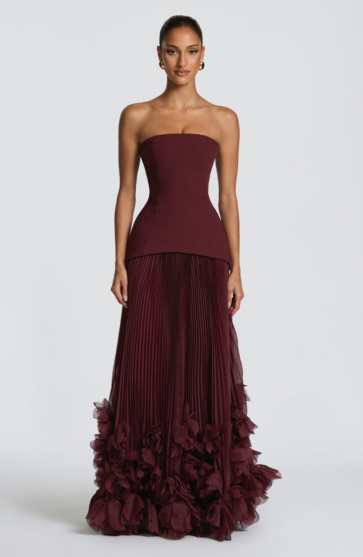Women's Evening Maxi Dress with Strapless Neckline and Ruffle Hem