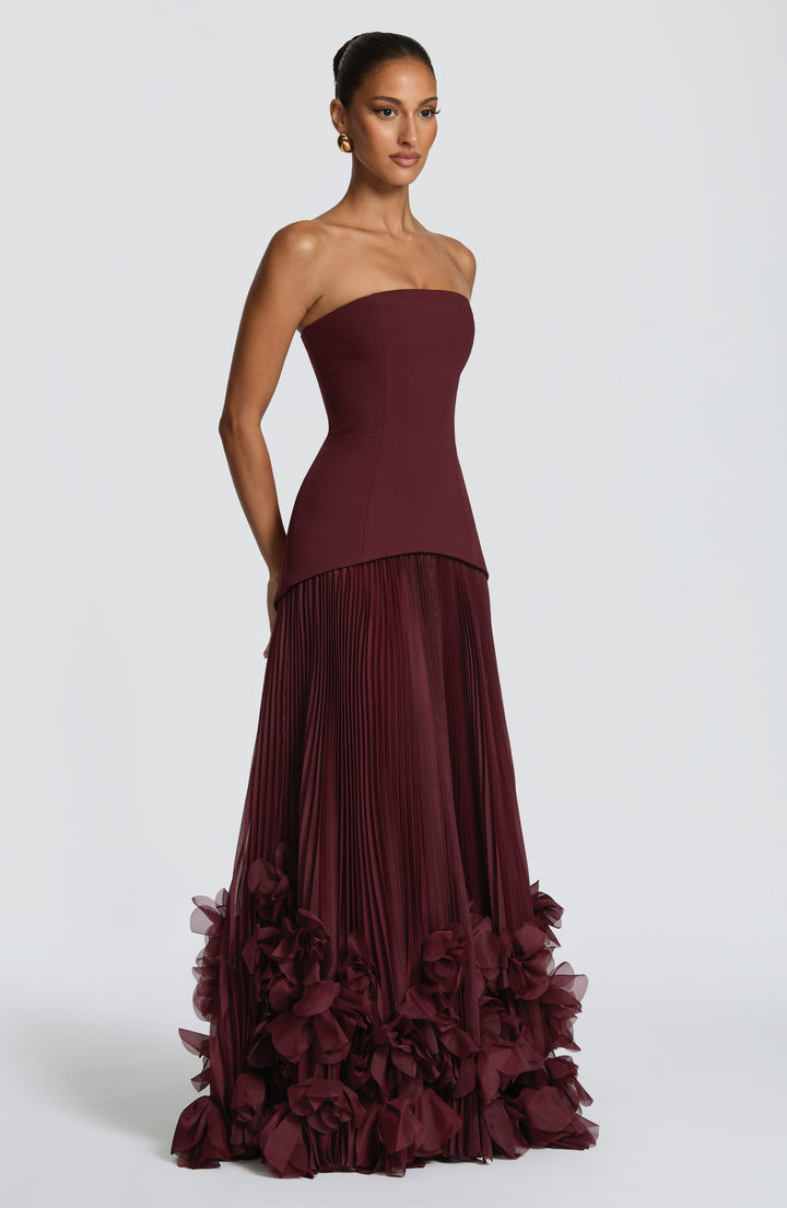 Women's Evening Maxi Dress with Strapless Neckline and Ruffle Hem