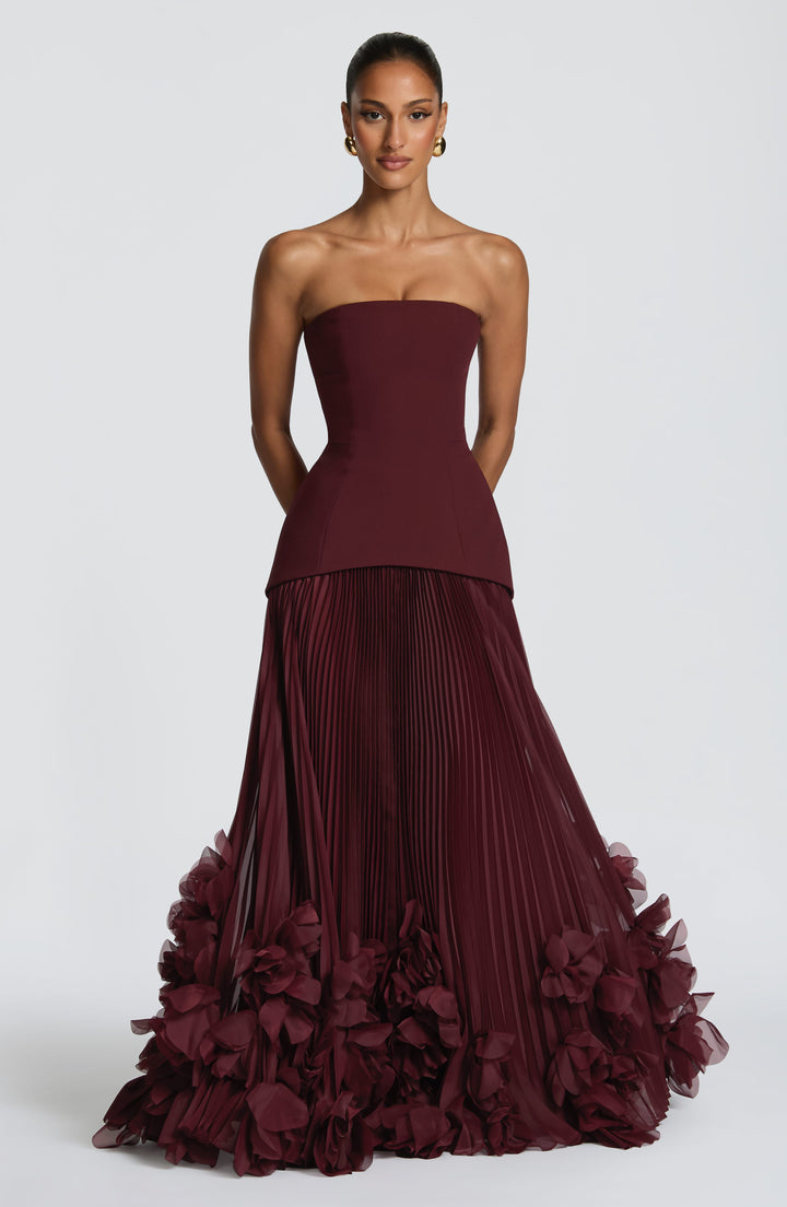 Women's Evening Maxi Dress with Strapless Neckline and Ruffle Hem