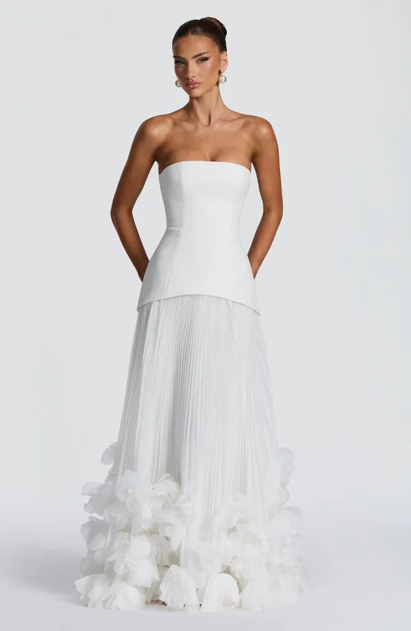 Women's Evening Maxi Dress with Strapless Neckline and Ruffle Hem