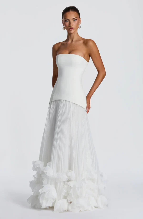 Women's Evening Maxi Dress with Strapless Neckline and Ruffle Hem