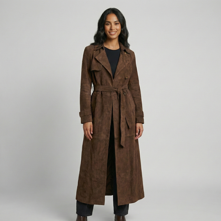 Women's Belted Suede Trench Coat with Notch Lapel and Tie Waist