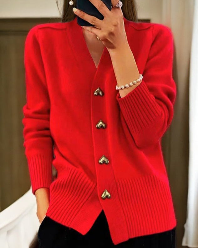 Women's Knitted Cardigan with V Neck and Button Front