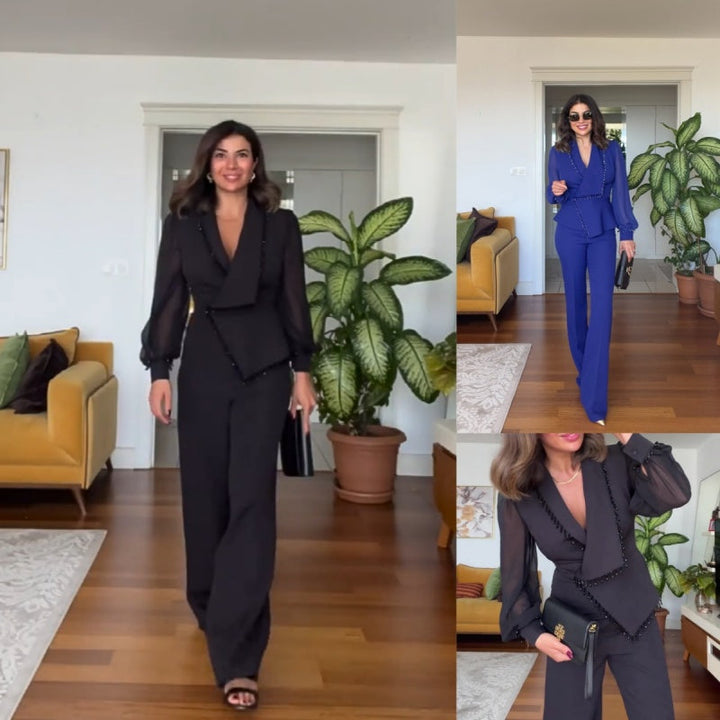 Women's Blazer Co-Ord Set with Tailored Jacket and Wide Leg Trousers