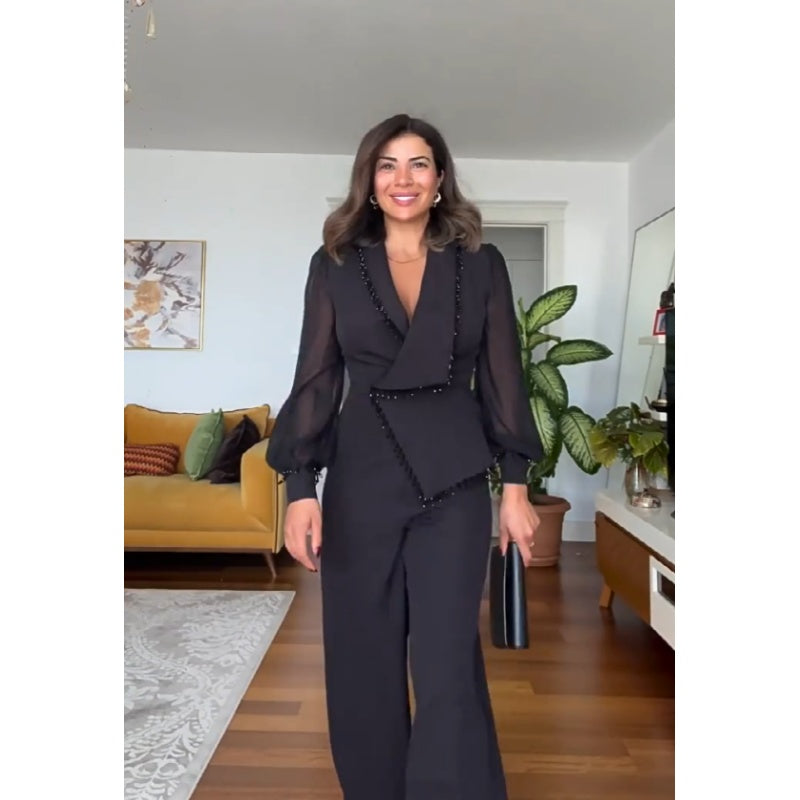 Women's Blazer Co-Ord Set with Tailored Jacket and Wide Leg Trousers