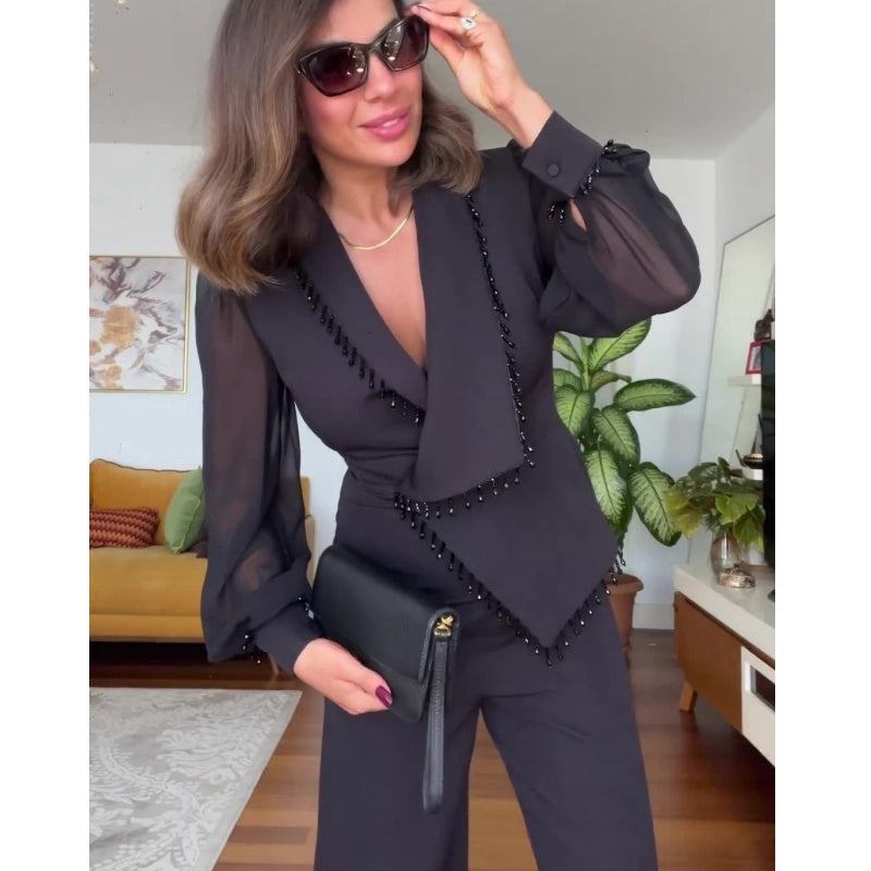 Women's Blazer Co-Ord Set with Tailored Jacket and Wide Leg Trousers