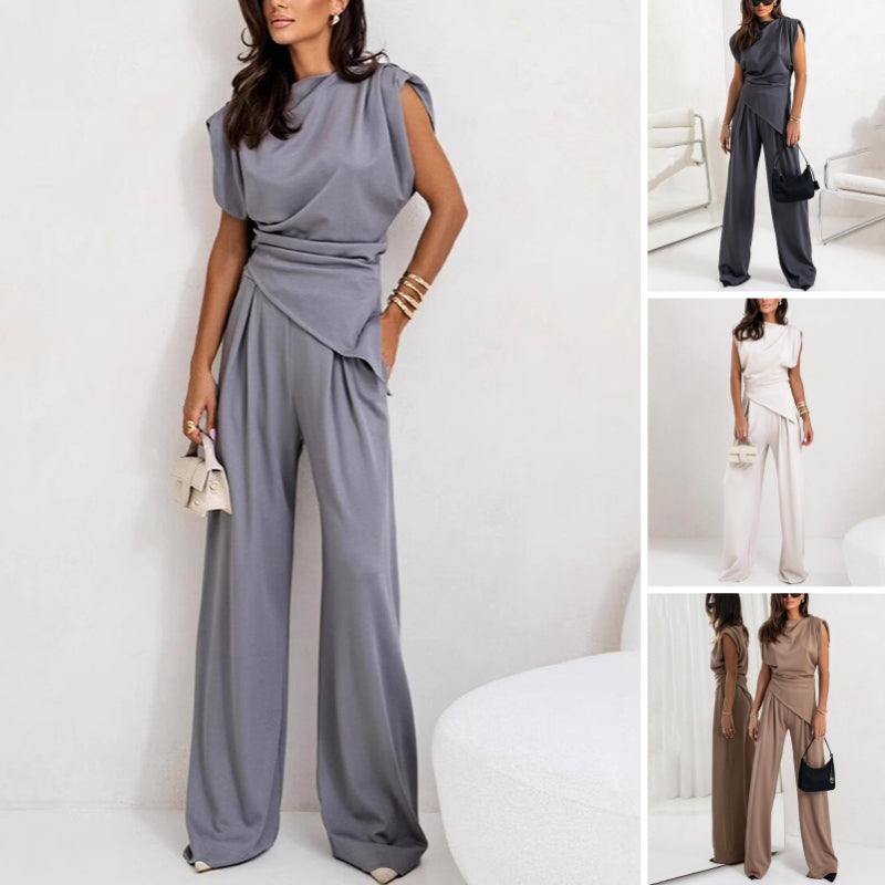 Women's Sleeveless Jumpsuit with Draped Waist and Wide Leg Design