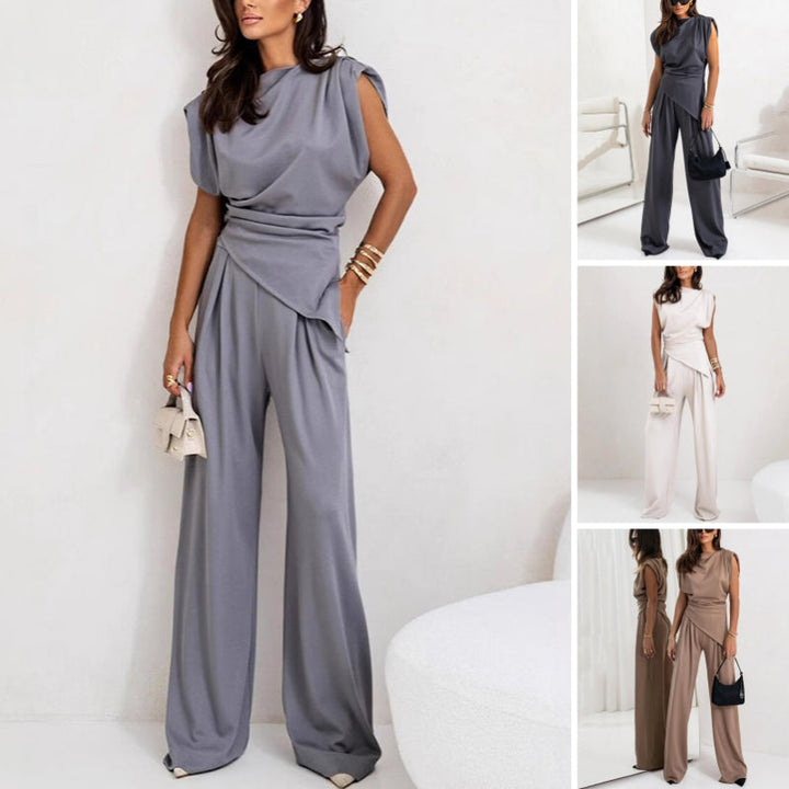 Women's Sleeveless Jumpsuit with Draped Waist and Wide Leg Design