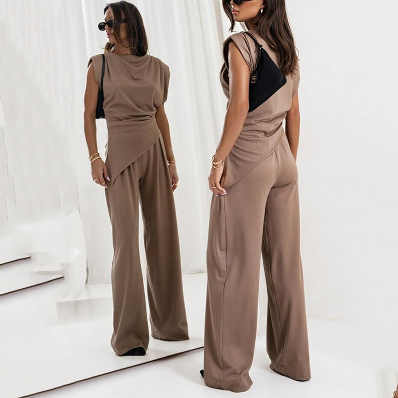 Women's Sleeveless Jumpsuit with Draped Waist and Wide Leg Design