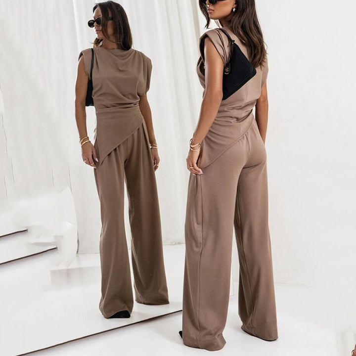 Women's Sleeveless Jumpsuit with Draped Waist and Wide Leg Design