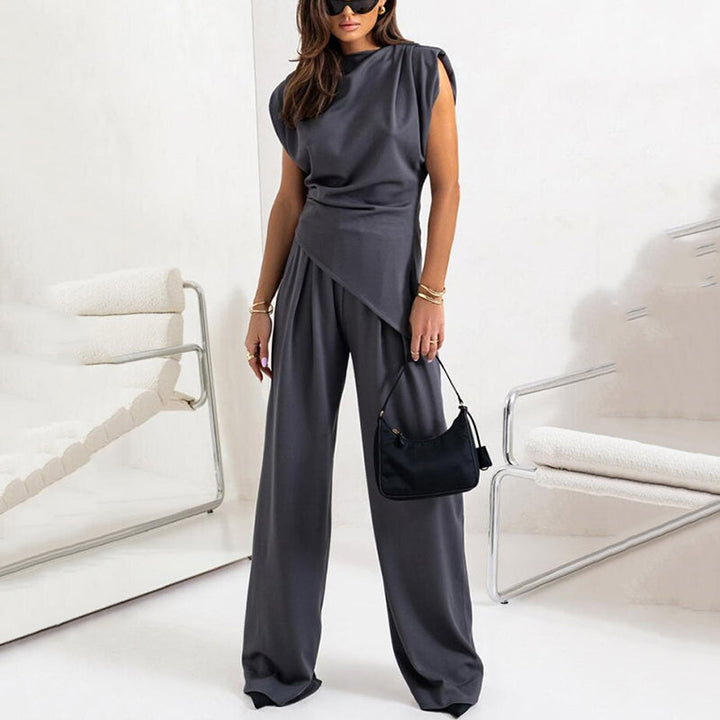 Women's Sleeveless Jumpsuit with Draped Waist and Wide Leg Design