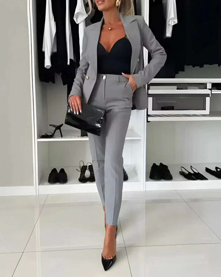 Women's Two Piece Suit Set with Double Breasted Blazer