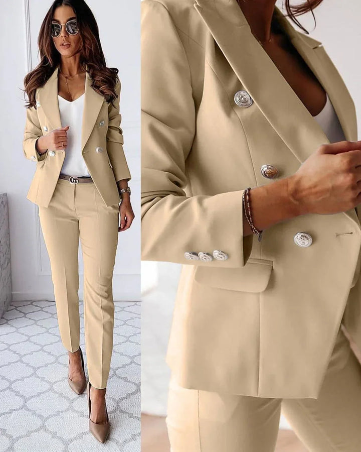 Women's Two Piece Suit Set with Double Breasted Blazer