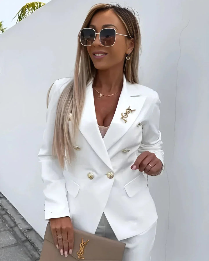 Women's Two Piece Suit Set with Double Breasted Blazer