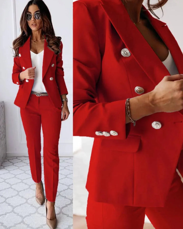 Women's Two Piece Suit Set with Double Breasted Blazer