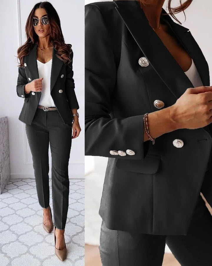 Women's Two Piece Suit Set with Double Breasted Blazer