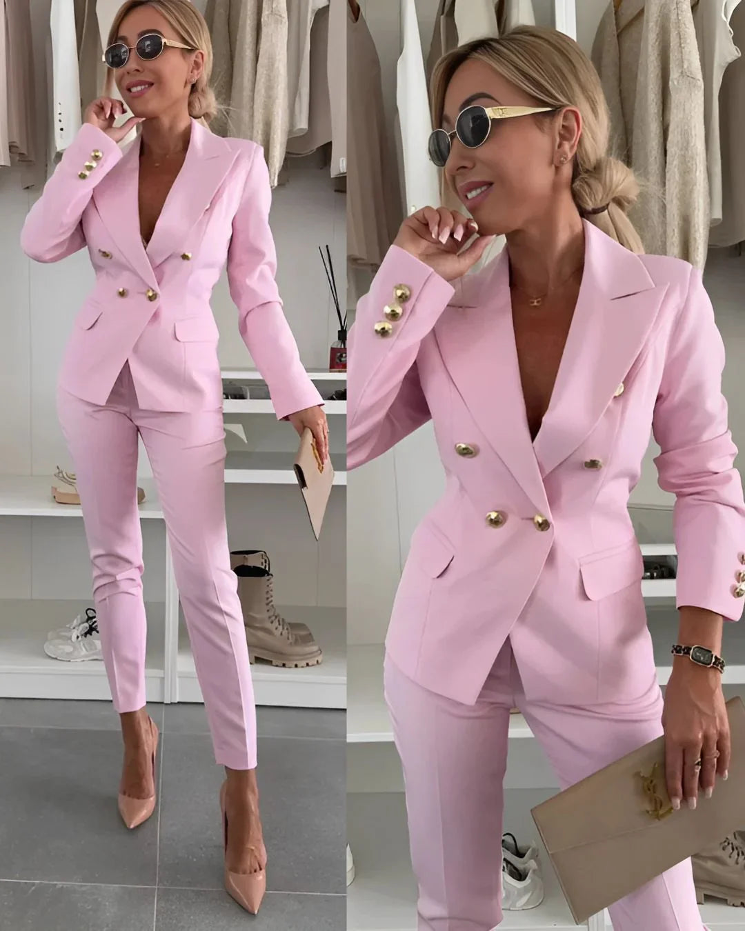 Women's Two Piece Suit Set with Double Breasted Blazer